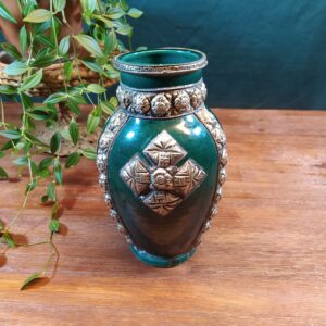 Vase Vintage Oriental Bleu/Vert avec Ornement en métal