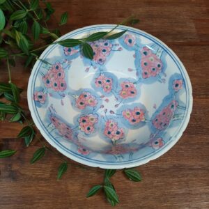 Saladier Vintage en Céramique Motifs Japonisants Fleuris en Rose et Bleu