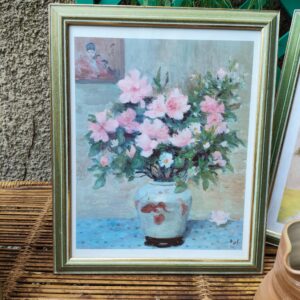 Tableau Illustration Fleurie en Rose/Vert et Cadre Bois Pastel