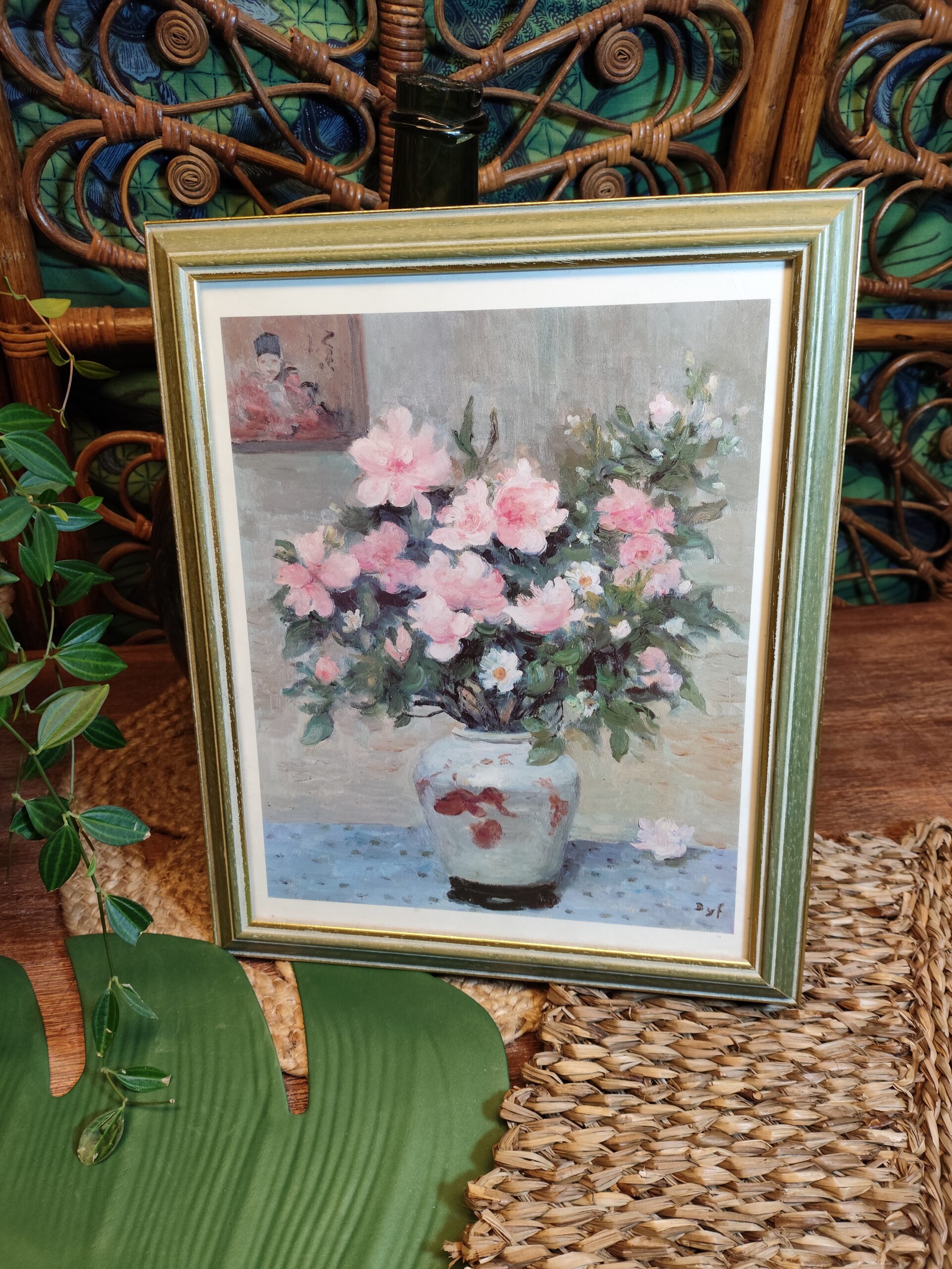 Tableau bouquet de fleurs roses nature morte cadre bois vert vintage
