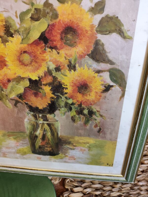 Tableau Bouquet de Tournesols et Cadre en Bois Vert Pastel